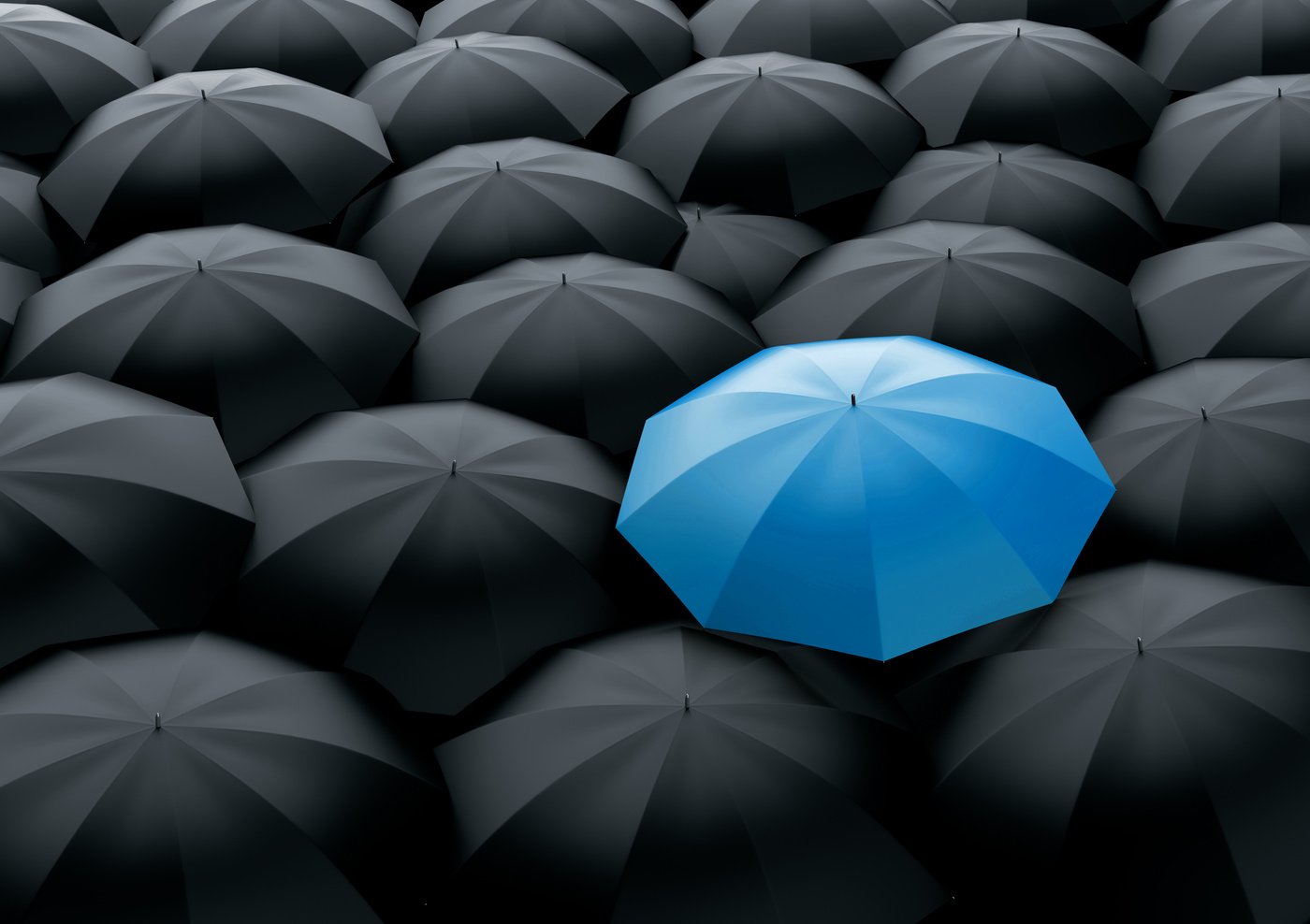 a blue umbrella is standing out from a crowd of black umbrellas